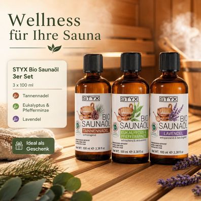 STYX Bio Saunaöl 3er Set Tannennadel Eukalyptus Pfefferminze Lavendel 3 x 100 ml