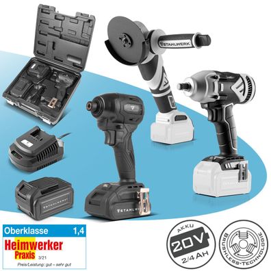 Stahlwerk Akku-Werkzeug-Set Winkelschleifer 2 Drehschlagschrauber 20 V 2/4 Ah Akku