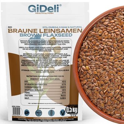 Braune Leinsamen 500g Ganze Körner Vegan Natur Ballaststoffreich Backen GiDeli
