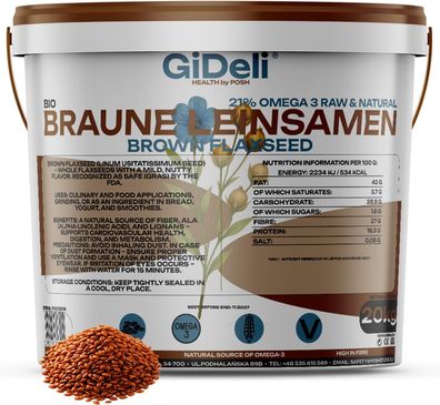Braune Leinsamen 20kg Ganze Körner Vegan Natur Ballaststoffreich Backen GiDeli