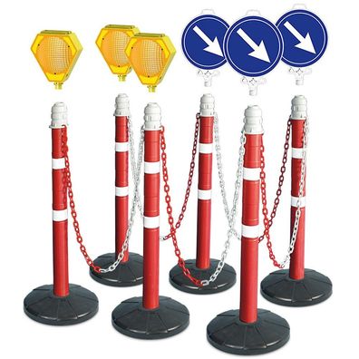 Kettenpfosten-Set, 6 Ständer, 10 m Kette, 3x Blinklampen,3x Leitschilder"Rechts"
