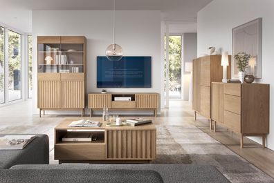 Wohnzimmer Komplett - Set A Acrab, 5-teilig, Eiche Cremona, geriffelte Fronten,
