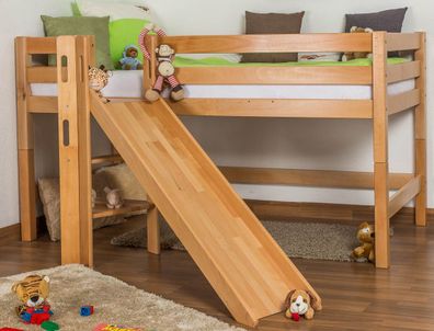 Kinderbett Hochbett Samuel Buche Vollholz massiv mit Rutsche natur inkl. Rollros