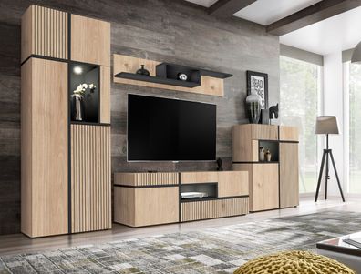Modernes Wohnzimmer - Set A Jordalsgrenda, 4-teilig, Farbe: Eiche / Schwarz, ink