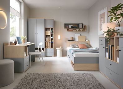 Jugendzimmer Kinderzimmer - Set B Alnoir, 6-teilig, Farbe: Eiche / Grau, ABS-Kan