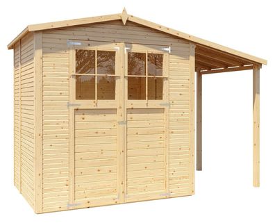 Gerätehaus Karben 02 mit Anbaudach, Naturbelassen - 18 mm Elementgartenhaus, Nut