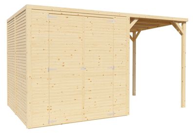 Gerätehaus Greven 03 mit Anbaudach, Naturbelassen - 18 mm Elementgartenhaus, Nut