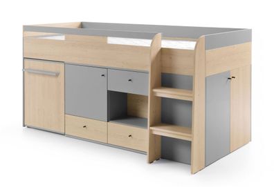 Funktionsbett in Eiche / Grau, Jugendbett mit ausziehbarem Schreibtisch, Kinderb