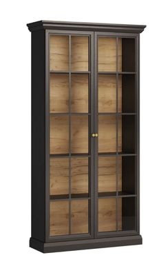 Vitrine Torsakala 19, Schwarz Graphit, 2 Glastüren, 3 Einlegeböden, 5 Fächer, 20