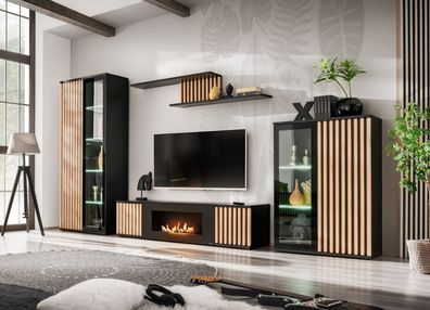 Wohnzimmer - Set B Romfo, 4-teilig, mit integrierten Biokamin, Farbe: Schwarz /