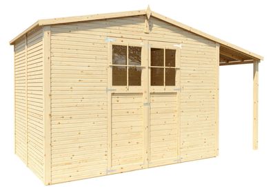 Gerätehaus Karben 04 mit Anbaudach, Naturbelassen - 18 mm Elementgartenhaus, Nut