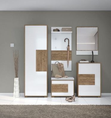 Garderobe Komplett - Set C Manase, 5-teilig, Farbe: Eiche Braun / Weiß Hochglanz