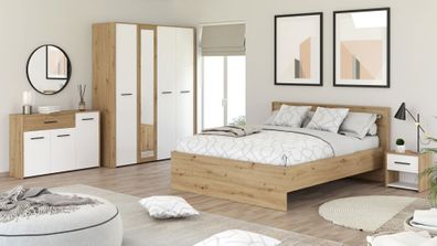 Schlafzimmer Komplett - Set A Brus, 4-teilig, Farbe: Eiche Artisan / Weiß, ein D