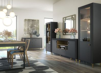 Modernes Esszimmer - Set K Barbe, mit goldene Griffe, Farbe: Schwarz matt, ABS-K