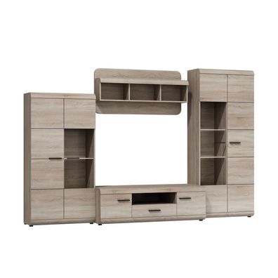 Wohnwand - Set C Gabes für Wohnzimmer, 4-teilig, Farbe: Eiche Sonoma, hohen Vitr