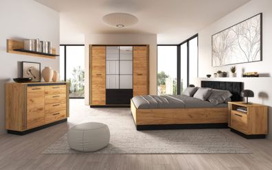 Schlafzimmer Komplett - Set B Dagali, 6-teilig, Farbe: Eiche / Schwarz, aus hoch