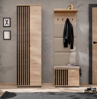Garderobe Komplett - Set F Angvik, 3-teilig, Farbe: Eiche / Schwarz, ein Gardero
