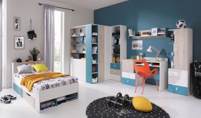 Jugendzimmer Kinderzimmer Komplett - Set B "Aalst", 6-teilig, Eiche / Weiß / Bla