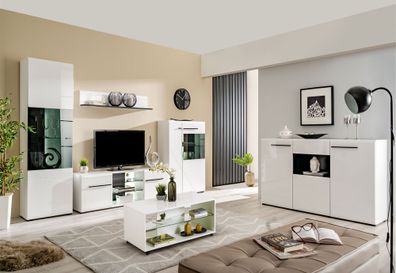 Helles Wohnzimmer Komplett - Set B Idos, 6-teilig, Farbe: Weiß / Weiß Hochglanz