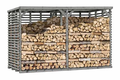 Großer Kaminholzunterstand 07 mit Rückwand, Farbe: Grau - aus Kiefernholz - Abme