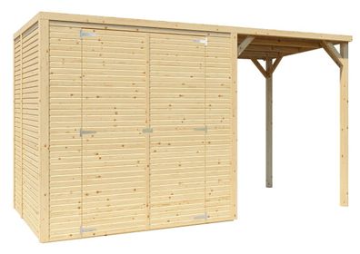 Gerätehaus Greven 02 mit Anbaudach, Naturbelassen - 18 mm Elementgartenhaus, Nut