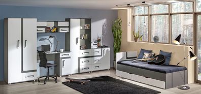Jugendzimmer Kinderzimmer Komplett - Set D Oskar, 7-teilig, Farbe: Anthrazit / W