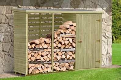 Kaminholzunterstand 06 mit Rückwand und Geräteschrank, Farbe: Grün - aus Kiefern