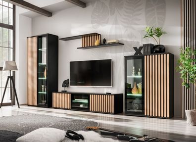 Wohnzimmer - Set A Romfo, 4-teilig, inkl. LED-Beleuchtung, Farbe: Schwarz / Hick