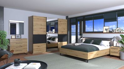 Schlafzimmer Komplett - Set A Crina, 6-teilig, Farbe: Eiche Artisan / Grau, ABS