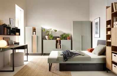 Schlafzimmer Komplett - Set D Authie, 7-teilig, Mintgrün / Eiche dunkel / Schwar