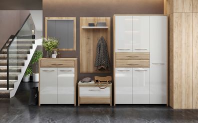 Garderoben Komplett - Set I Gataivai, 5-teilig, Farbe: Beige Hochglanz / Walnuss