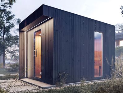 Saunahaus Siloli mit LED-Rahmen und Vorraum, 72 mm Wandstärke, Farbe: Schwarz -