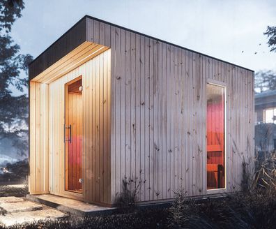 Saunahaus Siloli mit LED-Rahmen und Vorraum, 72 mm Wandstärke, Farbe: Natur - Au
