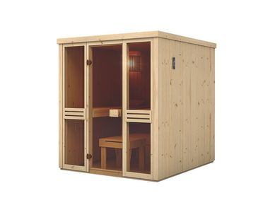 Elementsauna Kawir 68 mm mit 2 Sichtfenstern und Dachkranz - Außenmaße (B x T x