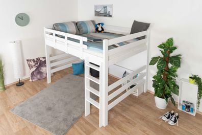 Hochbett 140 x 190 cm "Easy Premium Line" K23/n, Buche Massivholz weiß lackiert,
