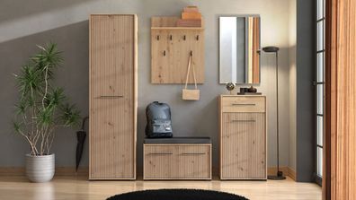 Garderobe Komplett - Set A Paduna, 5-teilig, Farbe: Eiche Artisan, ein Garderobe