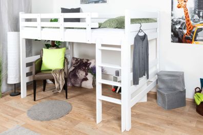 Hochbett 140 x 200 cm "Easy Premium Line" K23/n, Buche Massivholz Weiß lackiert,