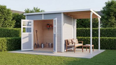 Gartenhaus | Grundfläche: 6,84 m² | Hellgrau lackiert | Gerätehaus | 19 mm Eleme