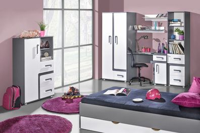 Jugendzimmer Kinderzimmer Komplett - Set A Oskar, 8-teilig, Farbe: Anthrazit / W