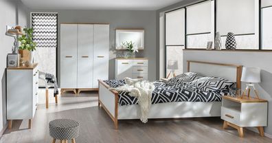 Schlafzimmer Komplett - Set B Panduros, 7-teilig, Farbe: Kiefer Weiß / Eiche Bra