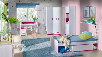 Jugendzimmer Kinderzimmer Komplett - Set B Frank, 8-teilig, Farbe: Weiß / Rosa