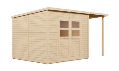 Gerätehaus mit Schleppdach | Naturbelassen | 19 mm Elementgartenhaus | 3,84 x 2