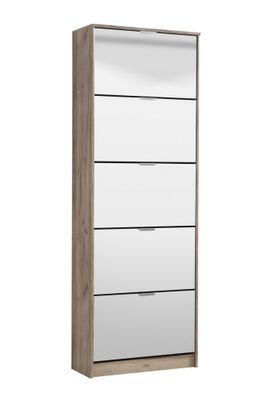 Hoher Schuhschrank Gradide 12, Spiegel-Front, Farbe: Eiche Grau, fünf Kipptüren,