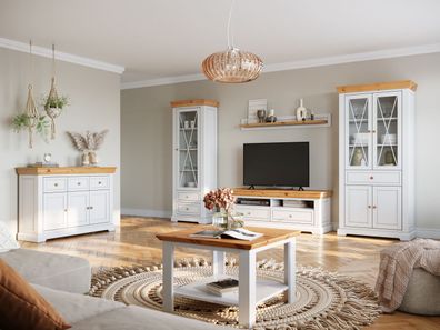 Wohnzimmer Komplett - Set A Bresle, 5-teilig, Kiefer massiv, in Weiß / Natur, ru