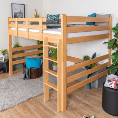 Hochbett 140 x 190 cm "Easy Premium Line" K23/n, Buche Massivholz Natur lackiert