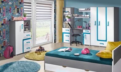 Jugendzimmer Kinderzimmer Komplett - Set F Oskar, 8-teilig, Farbe: Anthrazit / W
