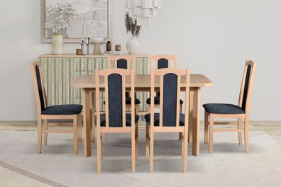 Esstisch - Set E mit 6 Stühlen, Holzfarbe: Eiche, Polsterung: Dunkelgrau, exklus