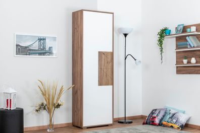 Schrank Manase 10, Farbe: Eiche Braun / Weiß Hochglanz - 197 x 63 x 36 cm (H x
