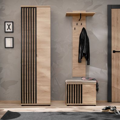 Garderobe Komplett - Set B Angvik, 3-teilig, Farbe: Eiche / Schwarz, ein Gardero
