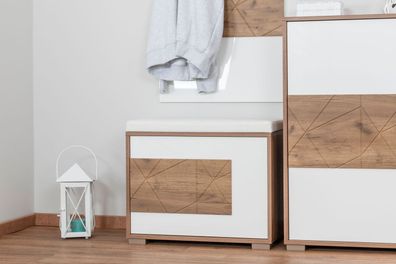 Sitzbank mit Stauraum Manase 13, Farbe: Eiche Braun / Weiß Hochglanz - 48 x 63 x